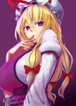  1girl armlet blonde_hair bow breasts commentary_request eyelashes fingers_to_mouth from_below hair_bow hair_ribbon hat hat_ribbon large_breasts long_hair looking_at_viewer mob_cap purple_background red_bow ribbon robe simple_background solo tabard tomiokasena touhou tress_ribbon upper_body very_long_hair violet_eyes white_robe yakumo_yukari 