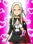  1girl blonde_hair blue_eyes blush breasts cape cleavage cravat edelgard_von_hresvelg edelgard_von_hresvelgr_(fire_emblem) fire_emblem fire_emblem:_three_houses fire_emblem:_three_houses fire_emblem_16 fire_emblem_if gameplay_mechanics gloves heart highres intelligent_systems long_hair long_sleeves memetsu_(umvn4442) musical_note my_room nintendo nintendo_ds parted_lips pen red_cape solo stylus touch_pen uniform what white_gloves 