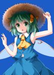  1girl :o arm_up armpits ascot bare_arms bare_shoulders blue_background blue_skirt blue_vest bow breasts brown_hat commentary_request cowboy_shot daiyousei eyebrows_visible_through_hair fairy_wings green_eyes green_hair hair_between_eyes hair_bow hand_up hat highres looking_at_viewer midriff_peek one_side_up open_mouth ruu_(tksymkw) short_hair simple_background skirt sleeveless small_breasts solo touhou vest wing_collar wings yellow_bow yellow_neckwear 