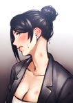  1girl bangs bijin_onna_joushi_takizawa-san black_hair blush breasts brown_eyes business_suit cleavage collarbone commentary_request earrings formal hair_bun hickey jewelry large_breasts looking_at_viewer mature mole mole_under_mouth office_lady parted_lips solo suit sweat sweatdrop swept_bangs takizawa_kyouko tkhs undershirt 