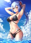  1girl absurdres alternate_costume armpits bare_legs bare_shoulders bikini black_bikini breasts clouds cloudy_sky collarbone eyebrows_visible_through_hair fate/grand_order fate_(series) furan_(pixiv20237436) gluteal_fold hair_between_eyes highres large_breasts long_hair looking_at_viewer midriff navel outdoors parted_lips partially_submerged ponytail red_eyes sideboob silver_hair skindentation sky standing swimsuit thigh-highs tomoe_gozen_(fate/grand_order) very_long_hair water 