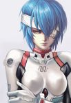  1girl ayanami_rei bandage bandage_over_one_eye bangs blue_hair bodysuit bracer breasts breasts_apart commentary english_commentary erect_nipples eyelashes gloves grey_background hands_up highres holding_arm impossible_bodysuit impossible_clothes lips looking_at_viewer medium_breasts neon_genesis_evangelion nose number pale_skin pilot_suit plugsuit realistic red_eyes revision short_hair simple_background skin_tight small_breasts solo turtleneck upper_body white_background white_bodysuit yinan_cui 