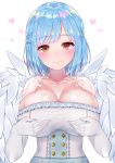  1girl angel_wings blue_hair blush breasts brown_eyes character_request cleavage closed_mouth collarbone copyright_request corset elbow_gloves eyebrows_visible_through_hair gloves heart highres huge_breasts looking_at_viewer mememe_(emememem) mole mole_under_mouth short_hair smile solo upper_body white_gloves wings 