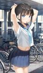  1girl armpits arms_up bicycle black_hair blue_eyes breasts copyright_request cowboy_shot eyebrows_visible_through_hair ground_vehicle highres kantoku looking_at_viewer midriff mouth_hold navel outdoors pleated_skirt school_uniform serafuku short_sleeves sidelocks skirt small_breasts solo tying_hair 