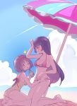  2girls beach_umbrella bikini black_hair blue_sky breasts brown_hair chorimokki clouds day erika_(pokemon) gym_leader hairband highres long_hair lotion medium_breasts multiple_girls natsume_(pokemon) one-piece_swimsuit one_eye_closed open_mouth pokemon pokemon_(game) pokemon_rgby red_hairband short_hair sky sunscreen swimsuit umbrella yellow_swimsuit 