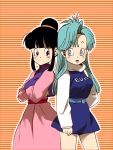  2girls :d arm_at_side back-to-back bangs bare_legs black_eyes black_hair blue_dress blue_eyes blue_hair blush bulma chi-chi_(dragon_ball) chinese_clothes clothes_writing crossed_arms dragon_ball dragonball_z dress eyebrows_visible_through_hair happy horizontal-striped_background long_hair long_sleeves looking_at_another looking_back multiple_girls open_mouth orange_background shaded_face smile standing thighs tied_hair turtleneck two-tone_background upper_body yukimitsuki 