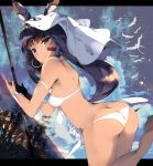  1girl animal_ears bangs bare_shoulders bikini blanket blue_sky bracelet breasts closed_mouth dark_skin earrings erect_nipples eyebrows_visible_through_hair facepaint facial_mark fate/grand_order fate_(series) from_side hairband hands_up highres hips hoop_earrings jackal_ears jewelry leg_up letterboxed long_hair looking_at_viewer low-tied_long_hair medjed night night_sky nitocris_(fate/grand_order) nitocris_(swimsuit_assassin)_(fate) outdoors purple_hair sidelocks sky small_breasts smile solo standing standing_on_one_leg star_(sky) starry_sky swimsuit thighs tree twisted_neck venomrobo very_long_hair violet_eyes waist white_bikini wristband 