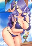  1girl alcohol alternate_costume arched_back ass bare_shoulders beach bikini bracelet breasts camilla_(fire_emblem_if) cleavage collarbone commentary cup curvy drinking_glass english_commentary fire_emblem fire_emblem_heroes fire_emblem_if flower hair_flower hair_ornament hair_over_one_eye holding holding_drinking_glass jewelry large_breasts leaning_forward lips long_hair nail_polish navel ocean outdoors pink_lips purple_bikini purple_hair purple_nails revolverwing sky smile standing swimsuit thighs violet_eyes water wavy_hair 