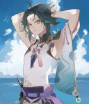  1boy absurdres ahoge arm_tattoo armpits arms_up bangs bead_necklace beads clouds cloudy_sky commentary cowboy_shot day genshin_impact green_hair hair_intakes highres jewelry kamui_(kurohshiro1) looking_at_viewer male_focus multicolored_hair necklace ocean outdoors parted_bangs parted_lips shirt short_hair_with_long_locks shoulder_spikes sidelocks sky sleeveless solo spikes tattoo two-tone_hair white_shirt xiao_(genshin_impact) yellow_eyes 