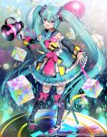  1girl :d ahoge aqua_eyes aqua_hair artist_name balloon bow bow_legwear bowtie cube detached_sleeves dress full_body hair_between_eyes hatsune_miku itamidome long_hair magical_mirai_(vocaloid) megaphone microphone_stand open_mouth outstretched_arms pigeon-toed sailor_collar smile solo spread_arms standing thigh-highs twintails very_long_hair vocaloid 