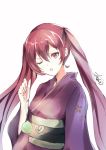  1girl atoatto fire_emblem fire_emblem_if holding japanese_clothes kimono looking_at_viewer luna_(fire_emblem_if) one_eye_closed red_eyes redhead selena_(fire_emblem) signature simple_background solo twintails water_balloon white_background yukata 