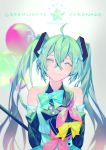  1girl ahoge arms_behind_back balloon blue_bow blue_ribbon bow detached_sleeves floating_hair green_hair hair_between_eyes hair_ornament hair_ribbon hatsune_miku head_tilt long_hair looking_at_viewer magical_mirai_(vocaloid) pink_bow ribbon sleeveless smile solo twintails upper_body very_long_hair vocaloid yamakawa yellow_bow 