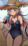  1girl azur_lane bangs bare_shoulders beach black_swimsuit blurry blurry_background blush brown_eyes closed_mouth collarbone commentary_request day depth_of_field eyebrows_visible_through_hair flower food frilled_swimsuit frills grey_hair groin hat hat_flower highres holding holding_food jacket long_hair long_sleeves looking_at_viewer mole mole_under_eye off_shoulder open_clothes open_jacket orange_flower outdoors popsicle ribbon sand solo straw_hat swimsuit very_long_hair white_jacket white_ribbon yu_ni_t z46_(azur_lane) 