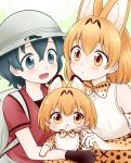  3girls :&lt; animal_ears backpack bag bib black_gloves blue_eyes blue_hair blush closed_mouth elbow_gloves eyebrows_visible_through_hair gloves helmet kaban_(kemono_friends) kemono_friends looking_at_another looking_at_viewer migu_(migmig) multiple_girls open_mouth orange_eyes orange_hair parted_lips pith_helmet red_shirt serval_(kemono_friends) serval_ears shirt short_hair smile white_gloves 