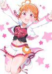  1girl :d ahoge arms_up braid clothes_writing collarbone cropped_jacket earrings facial_mark fur_trim hair_ornament hairband heart heart_ahoge jewelry jumping kitahara_tomoe_(kitahara_koubou) love_live! love_live!_sunshine!! midriff miracle_wave navel open_mouth orange_hair pleated_skirt red_eyes shirt short_hair side_braid skirt smile solo star star_earrings star_hair_ornament starry_background takami_chika tied_shirt twitter_username 