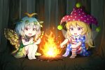  2girls :d american_flag_dress american_flag_legwear antennae barefoot black_dress blonde_hair blue_hair butterfly_wings campfire caramell0501 chibi clownpiece commentary_request dress eternity_larva eyebrows_visible_through_hair fairy_wings fire forest full_body grass green_dress hair_between_eyes hands_up hat holding horizontal-striped_legwear horizontal_stripes jester_cap knees_up leaf leaf_on_head long_hair multicolored multicolored_clothes multicolored_dress multiple_girls nature neck_ruff no_shoes open_mouth orange_eyes outdoors pantyhose polka_dot_hat purple_hat red_eyes short_dress short_hair short_sleeves sitting sleeveless sleeveless_dress smile star star_print striped thighs torch touhou very_long_hair wings 