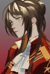  1girl braid brown_hair closed_mouth coat commentary_request eyebrows_visible_through_hair french_braid from_side girls_frontline green_eyes highres lee-enfield_(girls_frontline) long_hair luin_y military military_uniform red_coat red_lips sidelocks solo uniform white_neckwear 