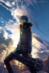  1boy blue_eyes blue_sky city clouds commentary day english_commentary fisheye_placebo frey_(fisheye_placebo) from_below headphones highres hood hood_down hooded_jacket instrument_case jacket short_hair silver_hair sky solo standing wenqing_yan 
