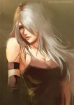  1girl android armlet bangs bare_shoulders black_gloves breasts cleavage commentary deviantart_username elbow_gloves english_commentary gloves hair_over_one_eye large_breasts long_hair looking_to_the_side mole mole_under_mouth nier_(series) nier_automata pink_lips robot_joints scalpelarts silver_hair tank_top yorha_type_a_no._2 