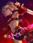  1girl bangs bare_shoulders blonde_hair breasts character_name clarent copyright_name cowboy_shot fate/apocrypha fate_(series) green_eyes grin hair_ornament hair_scrunchie holding holding_sword holding_weapon left-handed loincloth midriff mordred_(fate) mordred_(fate)_(all) navel ponytail red_scrunchie scrunchie short_hair small_breasts smile solo strapless sword teeth twitter_username under_boob v-shaped_eyebrows weapon yuuzuki_rairaku 