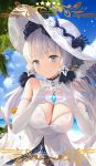 1girl azur_lane bare_shoulders blue_eyes blue_sky blush breasts character_name cleavage clouds detached_collar dress elbow_gloves eyebrows_visible_through_hair gloves hat heart heart_hands highres illustrious_(azur_lane) large_breasts long_hair looking_at_viewer low_twintails ocean pixiv_id sky solo twintails watermark web_address white_dress white_gloves white_hair white_hat yijian_ma 