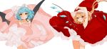  2girls :q alternate_costume armpits arms_up bare_arms bare_shoulders bat_wings blonde_hair blue_hair brooch clenched_teeth commentary_request cowboy_shot crystal dress embarrassed eyebrows_visible_through_hair flandre_scarlet gotoh510 hair_between_eyes hat highres jewelry looking_at_viewer mob_cap multiple_girls one_side_up panties pantyshot pantyshot_(standing) petticoat pink_dress pointy_ears red_dress red_eyes remilia_scarlet short_hair siblings simple_background single_stripe sisters smile standing teeth tongue tongue_out touhou underwear white_background white_hat white_panties wings 