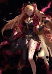  1girl absurdres asymmetrical_legwear bangs between_breasts black_background black_legwear blonde_hair breasts buckle cape commentary_request detached_collar earrings ereshkigal_(fate/grand_order) fate/grand_order fate_(series) fingerless_gloves gloves glowing glowing_weapon hair_ribbon highres holding holding_weapon infinity jewelry long_hair looking_at_viewer multicolored multicolored_cape multicolored_clothes naemperor necklace parted_bangs red_cape red_eyes red_ribbon ribbon single_thighhigh skull solo spine thigh-highs tiara two_side_up weapon yellow_cape 