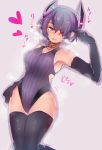  1girl akitsuchi_shien black_gloves black_legwear breasts breath collar competition_swimsuit cowboy_shot dog_collar elbow_gloves eyepatch gloves grey_background hair_over_one_eye headgear heart highres kantai_collection large_breasts looking_at_viewer one-piece_swimsuit purple_hair purple_swimsuit short_hair simple_background solo standing striped striped_swimsuit swimsuit tenryuu_(kantai_collection) thigh-highs yellow_eyes 