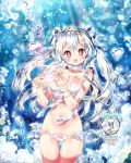  1girl 2018 :d air_bubble artist_name bangs bare_shoulders bikini blue_bow blue_nails blush bow breasts bubble cleavage collarbone commentary_request eyebrows_visible_through_hair fingernails gluteal_fold hair_between_eyes hair_ribbon heart heart_hands highres kamiya_maneki large_breasts long_hair nail_polish navel open_mouth original pink_scrunchie red_eyes ribbon scrunchie silver_hair smile solo striped swimsuit thigh_gap tiara two_side_up underwater vertical-striped_bikini_top vertical_stripes very_long_hair white_bikini white_ribbon wrist_scrunchie 