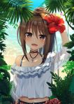  1girl arm_up beach brown_eyes brown_hair commentary_request crop_top cross cross_necklace fang flower hair_flower hair_ornament hibiscus jewelry looking_at_viewer navel necklace nnyara original ponytail see-through shirt twitter_username upper_body white_shirt 