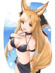  1girl :d animal_ears bangs bikini blonde_hair blue_sky braid breasts brown_eyes choker cleavage clouds collarbone commentary_request day erune eyebrows_visible_through_hair french_braid frilled_bikini frills granblue_fantasy hair_ornament hand_on_own_chest highres horizon jewelry koretsuki_azuma long_hair looking_at_viewer medium_breasts navel ocean open_mouth outdoors pendant sarong sky smile solo standing swimsuit teeth very_long_hair wristband yuisis_(granblue_fantasy) 