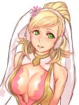  1girl animal_ears bare_shoulders blonde_hair breasts cleavage cleavage_cutout earmuffs fake_animal_ears fire_emblem fire_emblem_heroes flower green_eyes hair_flower hair_ornament highres long_hair medium_breasts parted_lips pocari66 ponytail rabbit_ears sharena simple_background solo white_background 