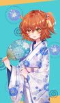  1girl :d bangs baocaizi blush brown_eyes brown_hair eyebrows_visible_through_hair fan fate/grand_order fate_(series) floral_print fujimaru_ritsuka_(female) hair_between_eyes hair_ornament hand_up highres holding holding_fan japanese_clothes kimono long_sleeves looking_at_viewer obi one_side_up open_mouth paper_fan print_kimono sash smile solo white_kimono wide_sleeves 