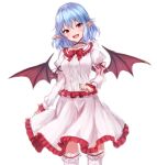 1girl :d arm_ribbon bat_wings blue_hair blush bow bowtie breasts center_frills choker commentary dress eyebrows_visible_through_hair feet_out_of_frame frilled_choker frilled_dress frilled_shirt_collar frills hair_between_eyes head_tilt highres juliet_sleeves junior27016 leg_garter long_sleeves looking_at_viewer medium_breasts no_hat no_headwear open_mouth pointy_ears puffy_sleeves red_bow red_eyes red_neckwear red_ribbon remilia_scarlet revision ribbon short_hair simple_background sketch smile solo standing thigh-highs touhou white_background white_dress white_legwear wings zettai_ryouiki 