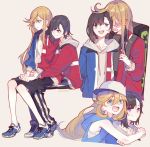  2girls baseball_cap black_hair blonde_hair blue_eyes blush character_request commentary_request copyright_request hat hood hooded_track_jacket hug hug_from_behind jacket milk_puppy multiple_girls shorts sitting sitting_on_lap sitting_on_person track_jacket violet_eyes yuri 