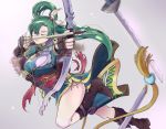  1girl absurdres aiming arrow asymmetrical_bangs bangs blurry boots bow_(weapon) breasts depth_of_field drawing_bow dress ebinku feathers fingerless_gloves fire_emblem fire_emblem:_rekka_no_ken fire_emblem_heroes gloves green_eyes green_hair grey_background hair_between_eyes hair_feathers highres leather leather_gloves lips long_hair lyndis_(fire_emblem) medium_breasts one_eye_closed pelvic_curtain ponytail quiver sash scabbard sheath shoulder_armor side_slit simple_background solo sword thighs weapon 