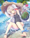  1girl armpits arms_up aruka_(alka_p1) azur_lane barefoot beach blush breasts clouds collarbone commentary_request flower food fruit glasses hair_ornament hat iron_cross island jacket jewelry long_hair necklace ocean palm_tree sand school_swimsuit silver_hair sitting sky small_breasts solo straw_hat swimsuit tree water_drop watermelon yellow_eyes z46_(azur_lane) 