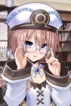  1girl blanc blue_eyes breasts brown_hair check_artist dress eyebrows_visible_through_hair fur_trim glasses hat highres looking_at_viewer neptune_(series) nyamota short_hair small_breasts solo spaghetti_strap upper_body wide_sleeves 