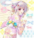  1girl :d ameto_yuki animal_ears artist_name bangs blue_bow blush bow breasts bunny_girl bunny_tail commentary_request crescent crescent_hair_ornament eyebrows_visible_through_hair fingernails floral_print flower hair_between_eyes hair_bun hair_flower hair_ornament hands_up japanese_clothes kimono long_hair long_sleeves looking_at_viewer looking_back medium_breasts open_mouth original print_kimono rabbit_ears red_eyes red_flower side_bun silver_hair smile solo tail white_kimono wide_sleeves yukata 