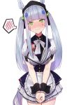  1girl @_@ alternate_hairstyle animal_ears apron bangs blunt_bangs blush bow bowtie breasts commentary_request cowboy_shot embarrassed facial_mark girls_frontline green_eyes hair_bobbles hair_ornament hat head_tilt highres hk416_(girls_frontline) horse_ears horse_tail jacket long_hair looking_at_viewer medium_breasts nose_blush own_hands_together pleated_skirt puffy_short_sleeves puffy_sleeves ranyu short_sleeves silver_hair simple_background skirt solo spoken_blush standing sweat tail teardrop twintails umamusume v_arms wavy_mouth white_background wing_collar wrist_cuffs 