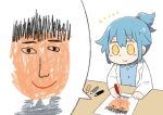  &lt;o&gt;_&lt;o&gt; 1girl bangs blue_hair blue_shirt blush_stickers child_drawing collared_shirt commentary_request crayon drawing eyebrows_visible_through_hair hair_flaps hair_tie labcoat long_sleeves paper personification ponytail shirt sidelocks smile solo table tsukigi twitter twitter-san twitter-san_(character) yellow_eyes 