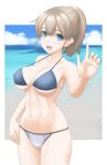  1girl beach bikini black_bikini_top blue_eyes blue_sky blurry breasts brown_hair clouds cowboy_shot depth_of_field foreshortening highres intrepid_(kantai_collection) kantai_collection large_breasts mismatched_bikini open_mouth ponytail short_hair sky smile solo swimsuit t2r white_bikini_bottom 