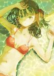  1girl bikini brown_hair green_eyes highres kagari_(kgr_000) long_hair looking_at_viewer lying on_back original swimsuit water_surface wet wet_hair 