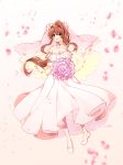  1girl :d artist_name bare_shoulders bouquet breasts bridal_veil bride brown_hair choker cleavage collarbone commentary doki_doki_literature_club dress english_commentary eyebrows_visible_through_hair eyes_visible_through_hair flower full_body green_eyes highres large_breasts long_hair looking_at_viewer monika_(doki_doki_literature_club) open_mouth petals ponytail savi_(byakushimc) shoes smile solo strapless strapless_dress veil wedding_dress white_choker white_dress white_footwear 