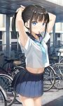  1girl armpits arms_up bicycle black_hair blue_eyes breasts commentary_request cowboy_shot eyebrows_visible_through_hair ground_vehicle highres kantoku looking_at_viewer midriff mouth_hold navel original outdoors pleated_skirt school_uniform serafuku short_sleeves sidelocks skirt small_breasts solo tying_hair 