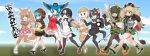  6+girls :d animal_ears aqua_hair aurochs_(kemono_friends) australian_devil_(kemono_friends) banner basket black_eyes black_hair black_legwear black_neckwear blonde_hair blue_eyes blue_hair blue_neckwear boots bow bowtie brown_gloves brown_hair brown_legwear brown_skirt cable camouflage camouflage_shirt camouflage_shorts cape_lion_(kemono_friends) carasohmi check_translation commentary_request detached_sleeves elbow_gloves empty_eyes extra_ears eyebrows_visible_through_hair eyepatch fang fingerless_gloves food food_on_face fur_collar geta gloves gradient_legwear great_auk_(kemono_friends) green_hair green_neckwear green_skirt hand_in_pocket hat head_wings helmet highres holding holding_basket holding_food holding_helmet holding_rope holding_sword holding_weapon hood hoodie horns impossible_clothes japanese_otter_(kemono_friends) japanese_wolf_(kemono_friends) japari_bun japari_symbol kemono_friends leg_up lion_ears lion_tail long_hair long_sleeves looking_at_another lucky_beast_(kemono_friends) miniskirt multicolored_hair multiple_girls necktie open_mouth orange_eyes otter_ears otter_tail pantyhose passenger_pigeon_(kemono_friends) pencil_skirt plaid plaid_neckwear plaid_skirt pleated_skirt plug red_legwear red_skirt red_vest rope sailor_collar shirt short_hair short_over_long_sleeves short_sleeves shorts skirt sleeveless sleeveless_shirt smile snake_tail spotted_hair sword tail tail_feathers tasmanian_devil_ears tasmanian_devil_tail thigh-highs torn_clothes torn_sleeves translation_request tsuchinoko_(kemono_friends) turtleneck twintails very_long_hair vest violet_eyes weapon white_hair white_legwear white_skirt wolf_ears wolf_girl yellow_eyes zettai_ryouiki 