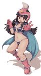  1girl :d armor bangs bare_legs bikini_armor black_hair blunt_bangs boots breastplate breasts brown_eyes cape chi-chi_(dragon_ball) cleavage collarbone dragon_ball floating_hair full_body gloves hands_up helmet highres hips lamb-oic029 long_hair looking_at_viewer navel open_mouth outstretched_arm shoulder_armor sidelocks skindentation small_breasts smile solo spaulders stomach v white_pupils 