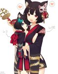  2girls :d animal_ears azur_lane black_hair black_kimono blue_eyes blush breasts butterfly_hair_ornament carrying cat_ears cat_mask child fang fucodoku fusou_(azur_lane) hair_ornament heart japanese_clothes kimono long_sleeves looking_at_another looking_at_viewer mask mask_on_head multiple_girls open_mouth red_eyes short_hair simple_background smile spoken_heart standing twitter_username white_background wide_sleeves yamashiro_(azur_lane) younger 