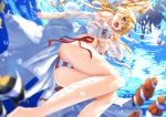  1girl :d ass bare_legs barefoot bikini blonde_hair blurry breasts cleavage clownfish commentary_request depth_of_field eyebrows_visible_through_hair fate/grand_order fate_(series) fish foreshortening from_below front-tie_top green_eyes hair_between_eyes hair_intakes hair_ribbon highres large_breasts long_hair nero_claudius_(fate)_(all) nero_claudius_(swimsuit_caster)_(fate) open_mouth petals ribbon side-tie_bikini smile solo striped striped_bikini swimsuit tsuuhan under_boob underwater 