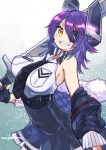  1girl artist_name black_gloves black_jacket blue_background breasts checkered checkered_neckwear eyepatch fur-trimmed_jacket fur_trim gloves gradient gradient_background grin headgear jacket kantai_collection large_breasts looking_at_viewer medium_hair mogamiya_honu necktie partly_fingerless_gloves purple_hair remodel_(kantai_collection) school_uniform sideboob smile solo sword tenryuu_(kantai_collection) weapon yellow_eyes 
